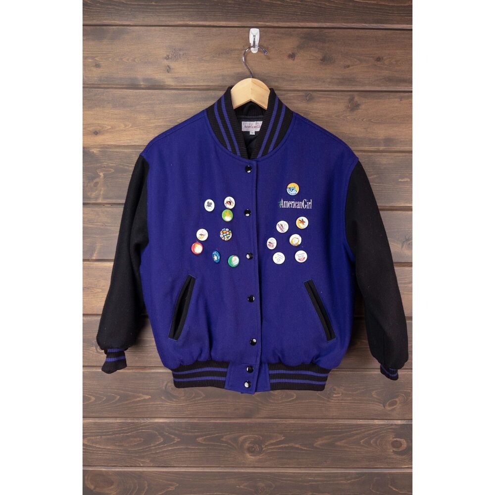 American Girl Varsity Jacket Youth Medium Purple Black Grin Pins Buttons Wool